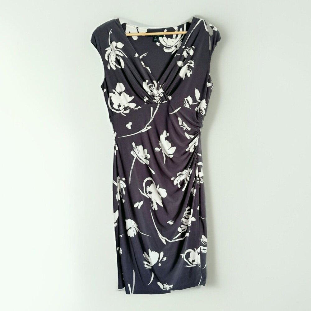 Lauren Ralph Lauren Women’s Gray Floral Ruched Dress 10 Office Modest Stretch